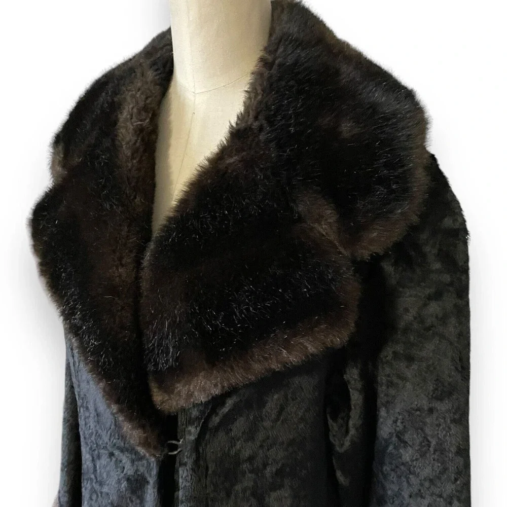 Vintage 60s Rosewin Black Penny Lane Brown Faux Fur Coat Mid Length Jacket